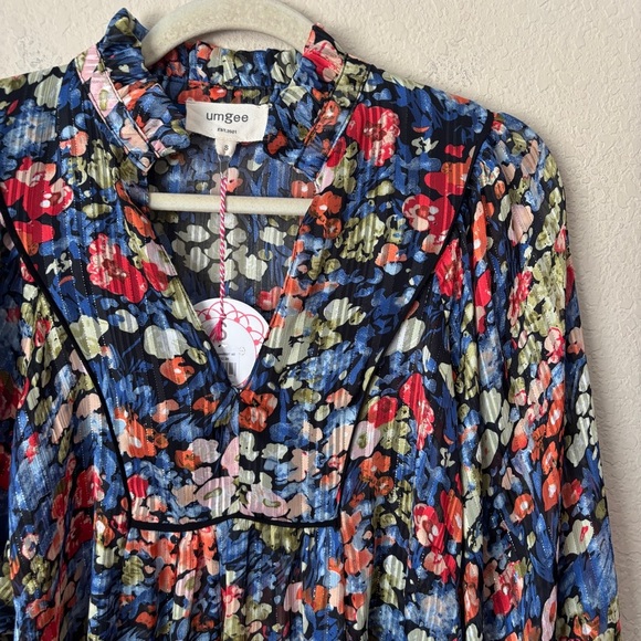 Umgee Floral Printed Boho Ruffle Neckline Puff Sleeve Blouse Top NEW - Picture 3 of 12